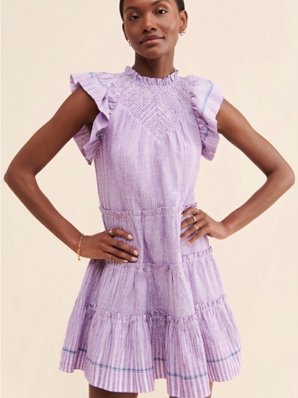 Saylor Amalia Flutter Ruffle Sleeve Mini Dress Cotton Small S Tiered Striped